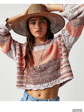 Free People Meave Cropped Crochet Sweater-Rust,Cream &Taupe w/bell sleeve Sz S